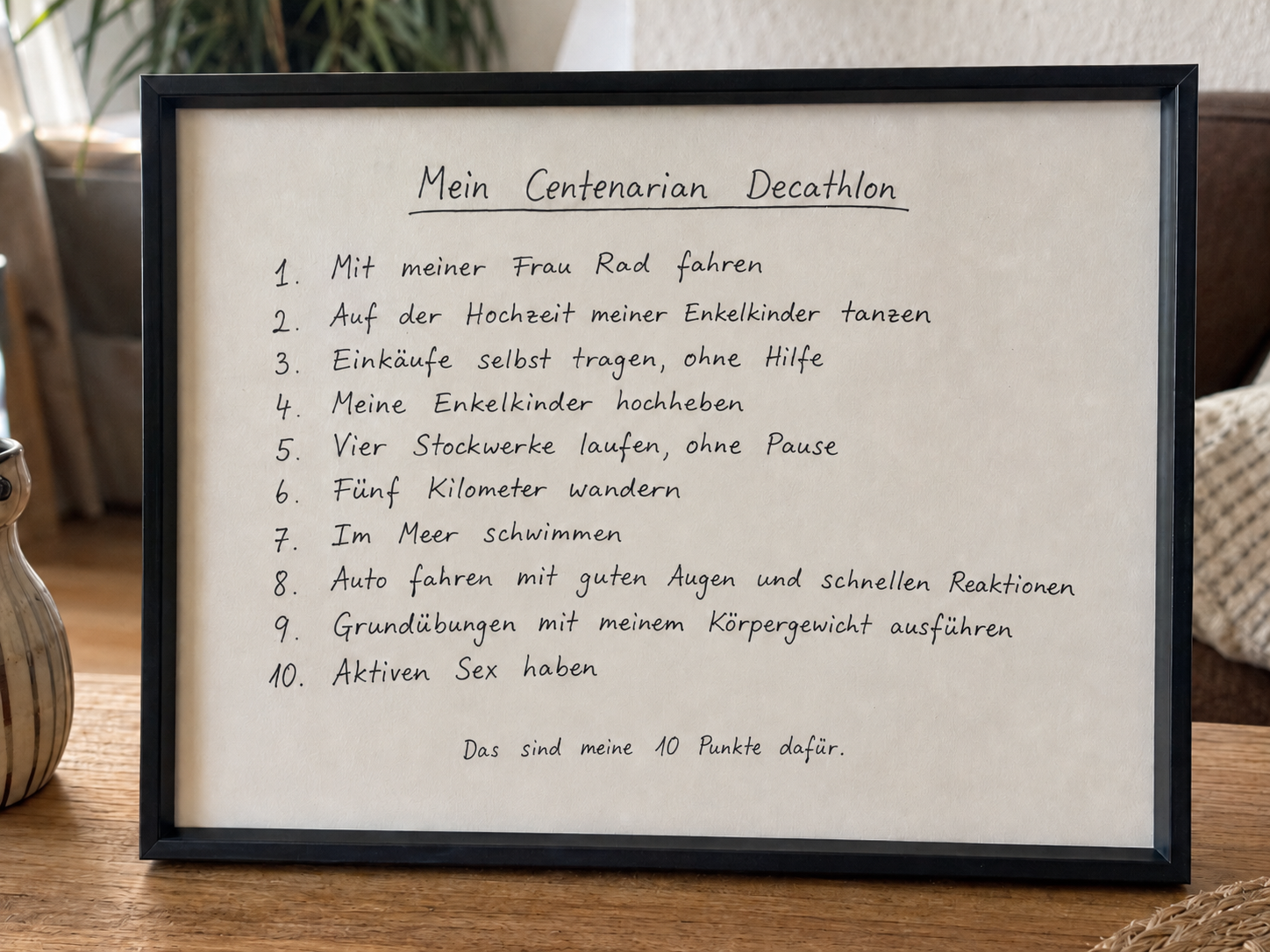 Handschriftliche Liste mit zehn Fähigkeiten, die ich mit 80 noch können möchte