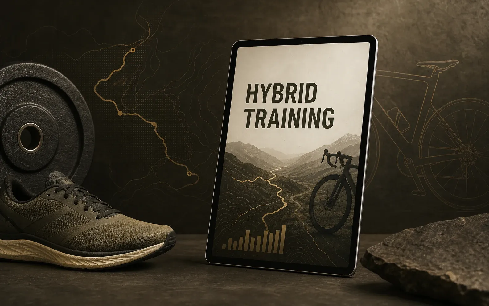 Tablet mit Hybrid-Training-Studie neben Laufschuh, Gewichtsscheibe und Radlinien
